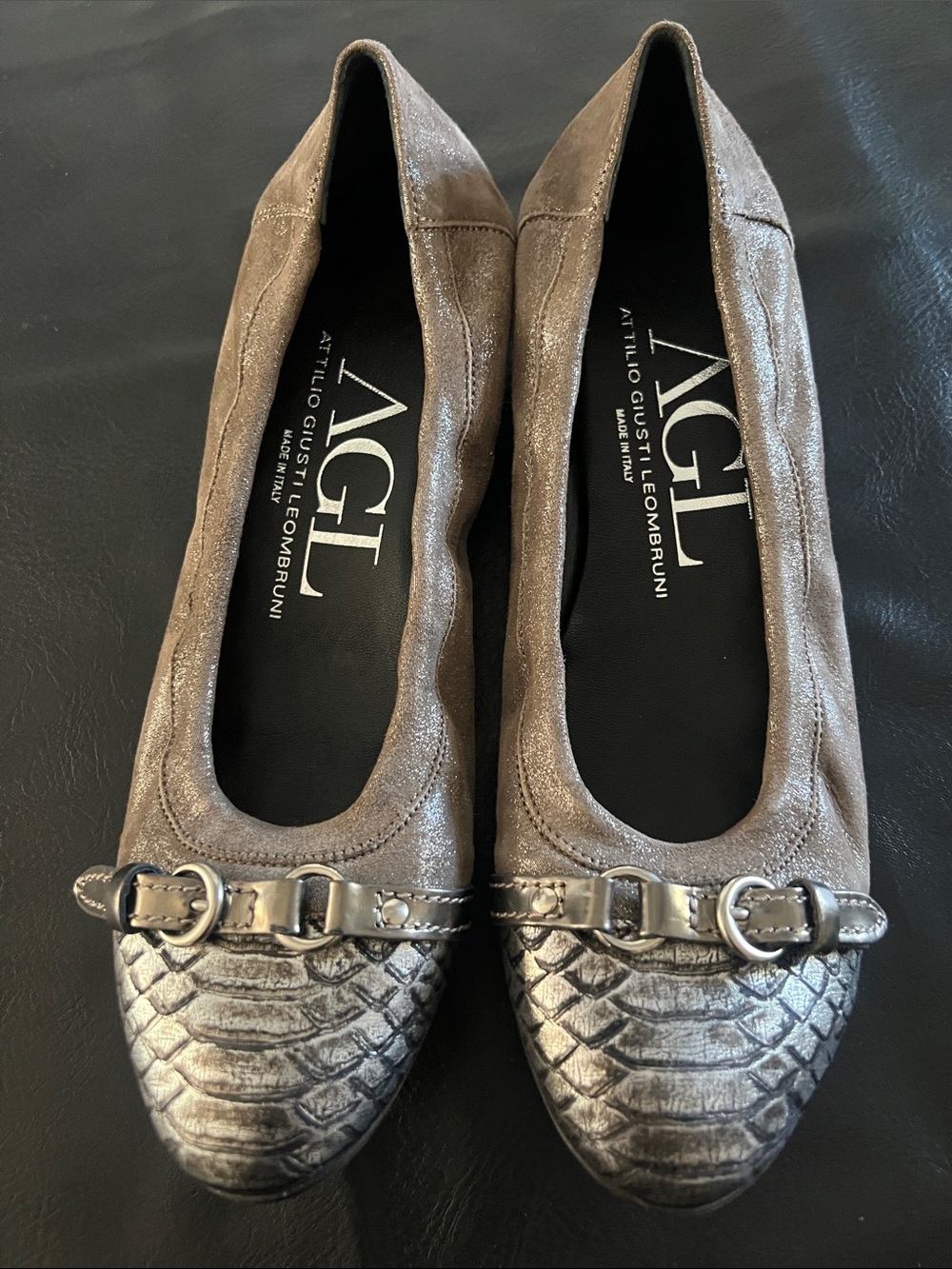 AGL Taupe Suede Flats with Metallic Textured Toe and Buckle